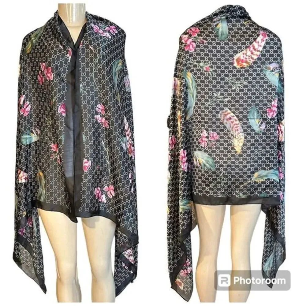 100% SILK BY FASHION‎ DESIGN FEATHER FLORAL LARGE SOFT LIGHTWEIGHT SCARF NWT